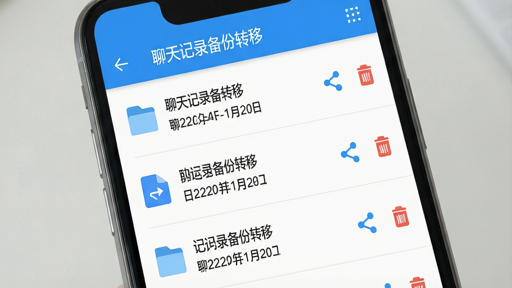 一张展示聊天记录备份转移软件文件管理界面的图片,画面中手机屏幕显示“聊天记录备份转移”软件的文件列表页面,列表中有几个备份文件条目,每个条目显示文件名、备份日期和文件大小,右侧有分享和删除图标,界面顶部有软件名称“聊天记录备份转移”,整体布局清晰,蓝白配色,风格现代扁平,画质干净清晰,无多余元素