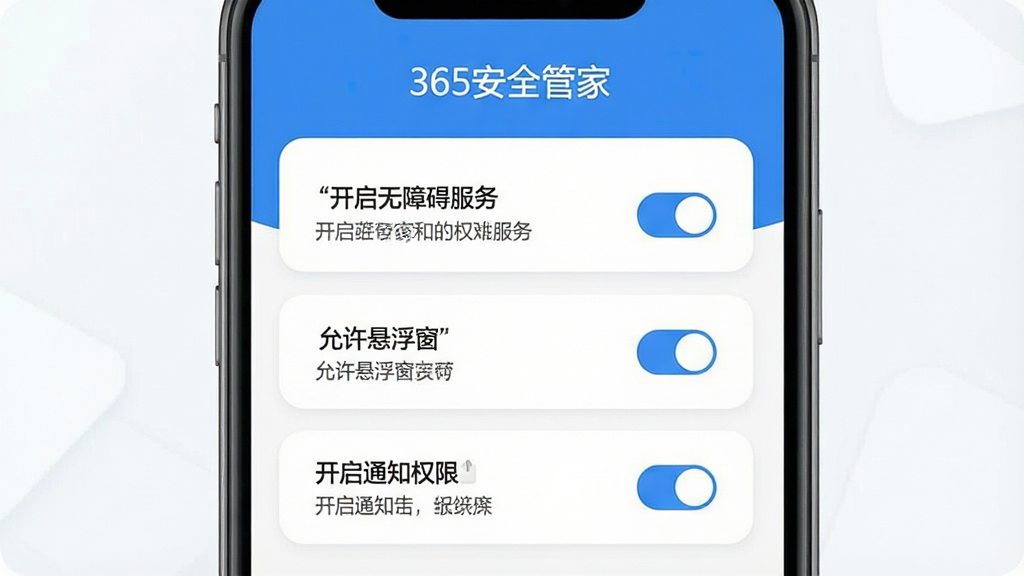 一张手机操作引导示意图,画面展示“365安全管家”的权限设置引导页面,屏幕上以步骤条形式列出“开启无障碍服务”“允许悬浮窗”“开启通知权限”三项,每项旁边有开关按钮和简短文字说明,界面采用卡片式设计,蓝白配色,风格简洁友好,画质干净无杂乱