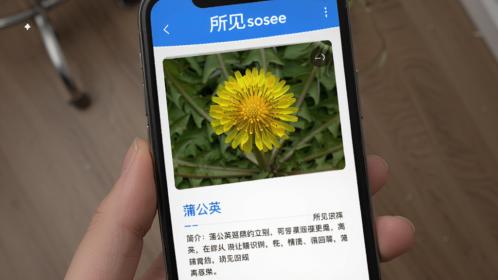 �ֻ�����չʾ������sosee��ʶ��һ���ɫС���ķ��ؽ��ҳ���Ϸ��ǻ�����Ƭ���·������ơ��ѹ�Ӣ����һ�μ�����֣�ҳ�涥���С�����sosee��logo���Ű�������������ɫ�������ˬ�ɾ�