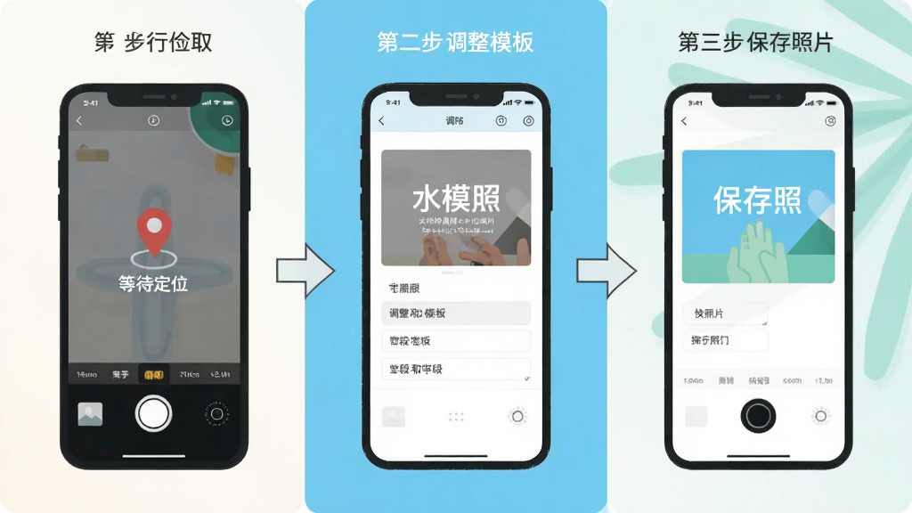 水印照相机打卡定位App的使用步骤示意图,画面分三个步骤展示,第一步打开相机等待定位,第二步调整水印模板和字段,第三步按下快门保存照片,每个步骤配简单的手机界面图示和箭头引导,风格扁平化,配色清新,排版清晰,画质干净