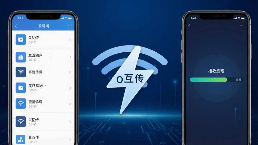 一幅表现O互传零流量传输的示意图,画面左侧是发送端手机屏幕显示已选文件列表,右侧是接收端手机屏幕显示接收进度条,中间用一道闪电形状的WiFi信号符号连接,信号符号上标注着“O互传”字样,背景为深蓝色渐变科技感背景,风格简洁明快,画质干净,无多余元素