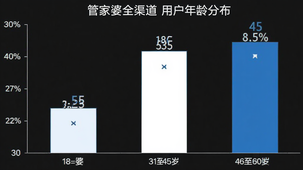 柱状图展示“管家婆全渠道”用户年龄分布,18到30岁占比百分之二十五,31到45岁占比百分之四十,46到60岁占比百分之三十五,图表风格简洁清晰,蓝白配色,标注明确