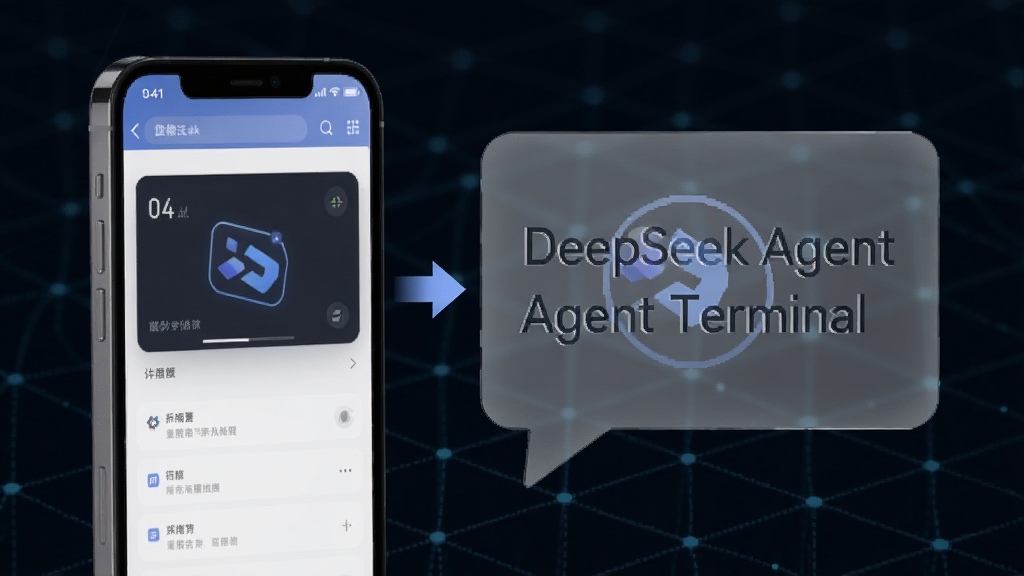 一张展示DeepSeek Agent Terminal智能代理辅助功能的图片,画面左侧是手机终端界面,右侧浮现一个半透明的智能对话气泡,气泡内写着“DeepSeek Agent Terminal”字样,气泡与终端之间有箭头连接,背景为深色科技网格,风格简洁现代,细节清晰,画质干净,无多余元素