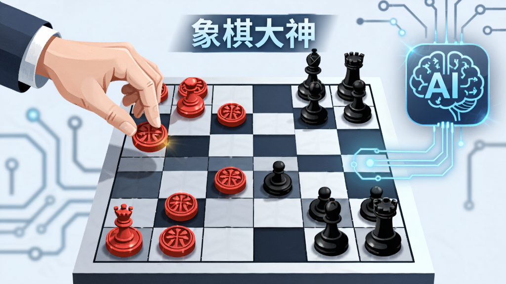 一张表现AI象棋对弈的科技感插图,画面左侧是人类棋手的手正在移动红方棋子,右侧是一个发光的AI大脑图标连接着黑方棋子,中间是棋盘,上方标注