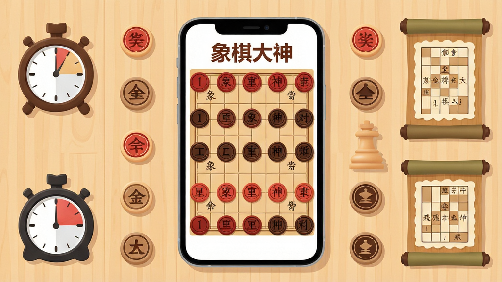 一张展示手机象棋对弈场景的插画,画面中央是一部智能手机,屏幕上显示着中国象棋棋盘,红黑双方棋子排列整齐,棋盘上方有