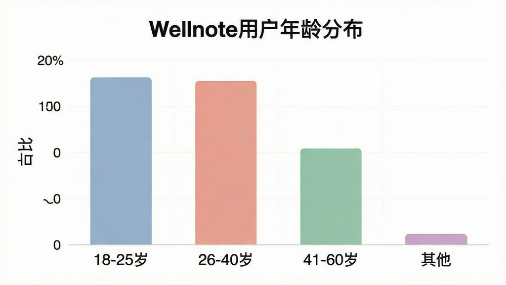 一张展示Wellnote用户年龄分布的柱状图,画面中央是柱状图,横轴标注“18-25岁”“26-40岁”“41-60岁”“其他”,纵轴标注“占比”,柱子高度分别对应约40%、35%、20%、5%,图表上方标注“Wellnote用户年龄分布”,整体布局居中,风格扁平化数据可视化,配色柔和,细节清晰,画质干净无多余元素