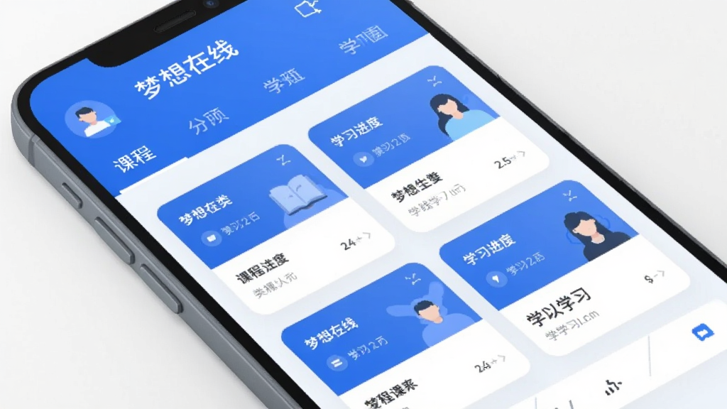 梦想在线 在线学习平台 主界面 手机屏幕 展示 课程分类 导航栏 学习进度 卡片式布局 蓝白色调 现代简约风格 扁平化设计 高清 干净 无多余元素