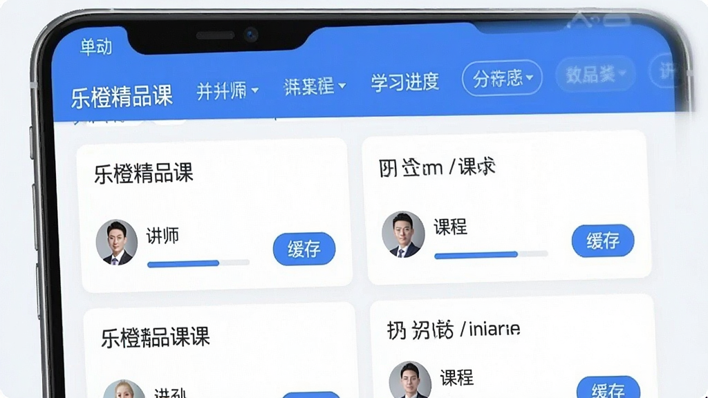一张手机应用界面截图风格图,展示“乐橙精品课”的课程列表页面,每个课程卡片上有课程名称、讲师头像、学习进度条和缓存按钮,页面顶部有分类筛选栏,整体布局整齐,蓝白主色调,风格简洁现代,画质清晰无杂乱元素
