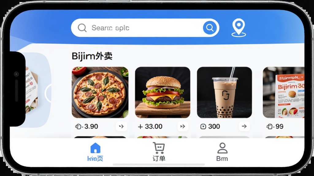 手机屏幕展示“Bijirim外卖”应用主界面,顶部搜索栏和定位图标,中部为美食商家卡片列表,包含披萨、汉堡、奶茶等缩略图,底部导航栏为首页、订单、我的三个图标,整体蓝白配色,界面干净清爽,扁平化设计风格,细节圆润,画质高清,无多余元素