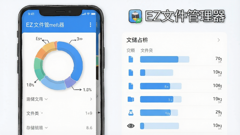 一张展示EZ文件管理器存储分析功能的界面插画,手机屏幕显示存储空间环形图和各类文件占用比例列表,界面简洁现代,蓝白配色,画质干净,画面中带有