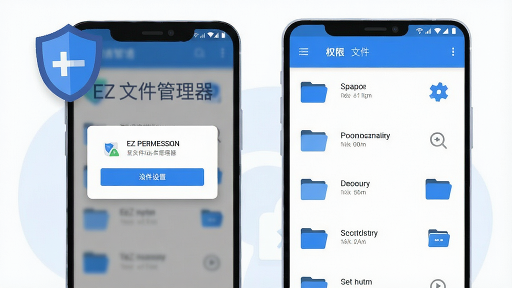 一张展示EZ文件管理器权限设置和文件操作界面的插画,手机屏幕显示权限申请弹窗和文件列表页面,画面中有盾牌图标和文件夹图标,风格简洁现代扁平化,蓝白配色,画质干净清晰,画面中带有