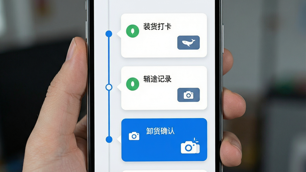 鲸运 运输任务管理界面 手机屏幕显示装货打卡 在途记录 卸货确认三个流程节点 时间线纵向排列 每个节点配有状态图标与拍照上传按钮 背景为浅灰白色 卡片式布局 蓝色高亮当前步骤 风格简洁扁平 文字标签清晰 画质干净 无多余元素