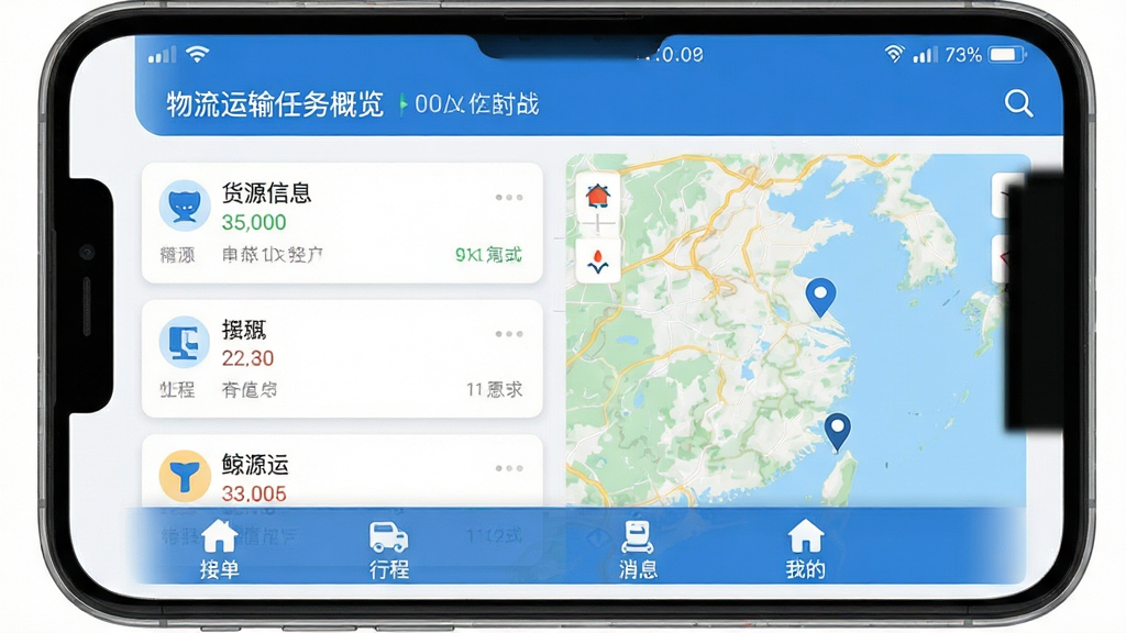 鲸运 手机应用主界面全貌展示 顶部状态栏显示物流运输任务概览 中部为货源信息卡片列表与地图导航模块 底部为接单 行程 消息 我的四个功能选项卡 蓝白配色 扁平化设计风格 图标线条简洁圆润 界面干净无广告弹窗 画质清晰 细节干净 无多余装饰元素