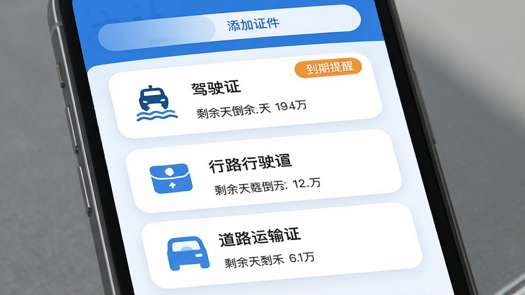 鲸运 证件管理界面 手机屏幕展示驾驶证 行驶证 道路运输证三张证件卡片 每张卡片带有到期提醒标签与剩余天数倒计时 顶部有添加证件按钮 界面配色以蓝白为主 卡片圆角设计 图标简洁 文字排版整齐 画质清晰 干净无杂物