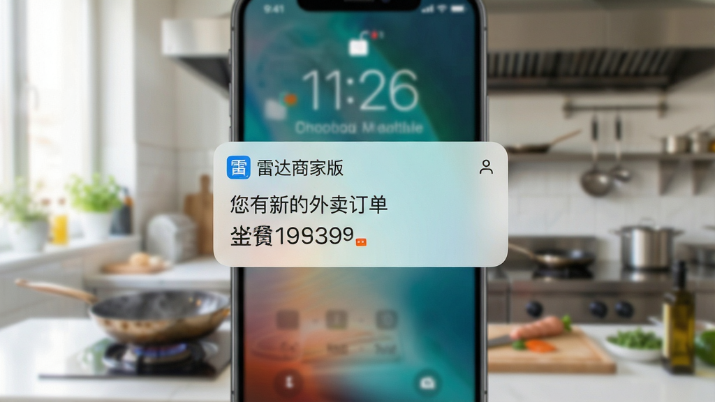 一张手机锁屏界面截图,画面中央弹出“雷达商家版”新订单通知卡片,卡片上显示“您有新的外卖订单”和订单金额,背景为模糊的厨房场景,风格写实明亮,细节清晰,画质干净无多余元素