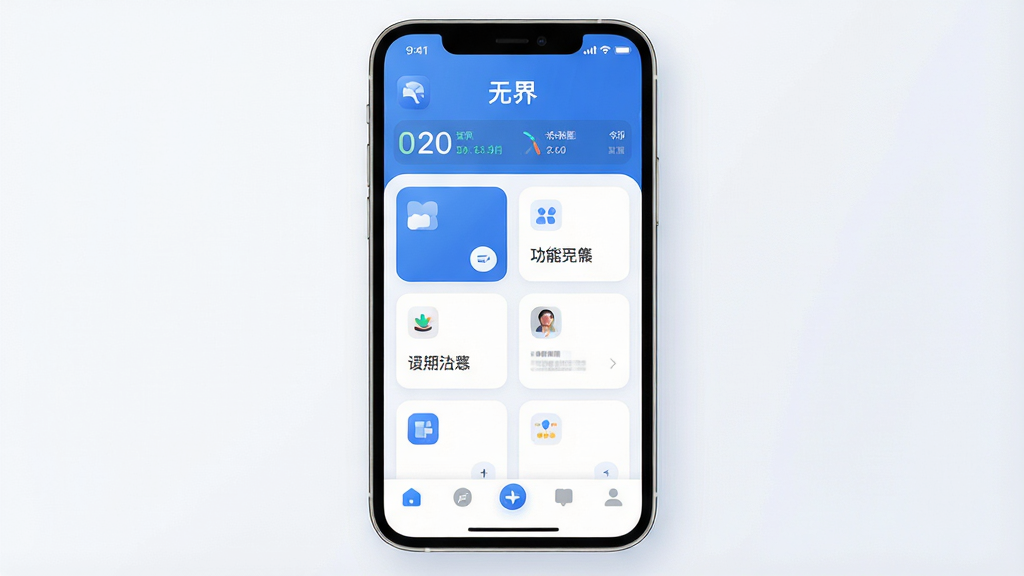 一张展示手机应用“无界”主界面的图片,画面中央是简洁的蓝白色调仪表盘布局,顶部显示“无界”应用名称和状态概览,中间是功能模块卡片排列整齐,底部为导航栏,整体风格现代扁平化,图标圆润清晰,背景干净无杂乱元素,画质高清,光线柔和,突出软件的清爽与实用感