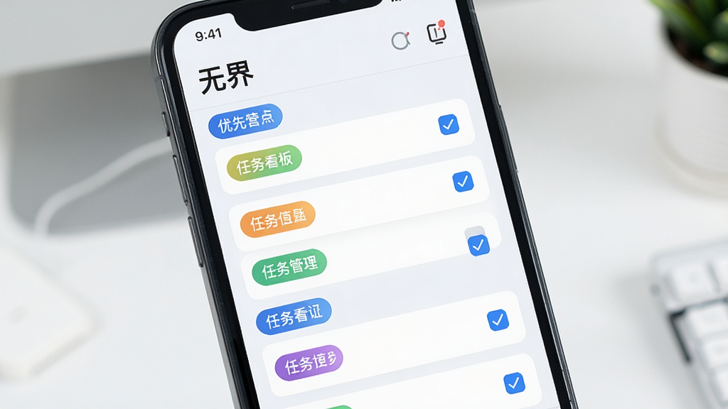 一张展示“无界”应用内任务看板功能的图片,画面中手机屏幕显示彩色标签的任务卡片按优先级纵向排列,部分卡片带有勾选状态,界面以浅色背景搭配蓝色高亮,风格简洁明快,细节清晰,画质干净,突出任务管理的直观与高效