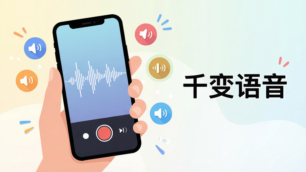 一张千变语音App录音界面截图风格插画,画面中一只手拿着手机,手机屏幕上显示录音进行中的波形动画和多个音效图标环绕,旁边有“千变语音”文字标识,背景为浅色渐变,风格轻松活泼,布局简洁明了,细节清晰,画质干净无多余元素
