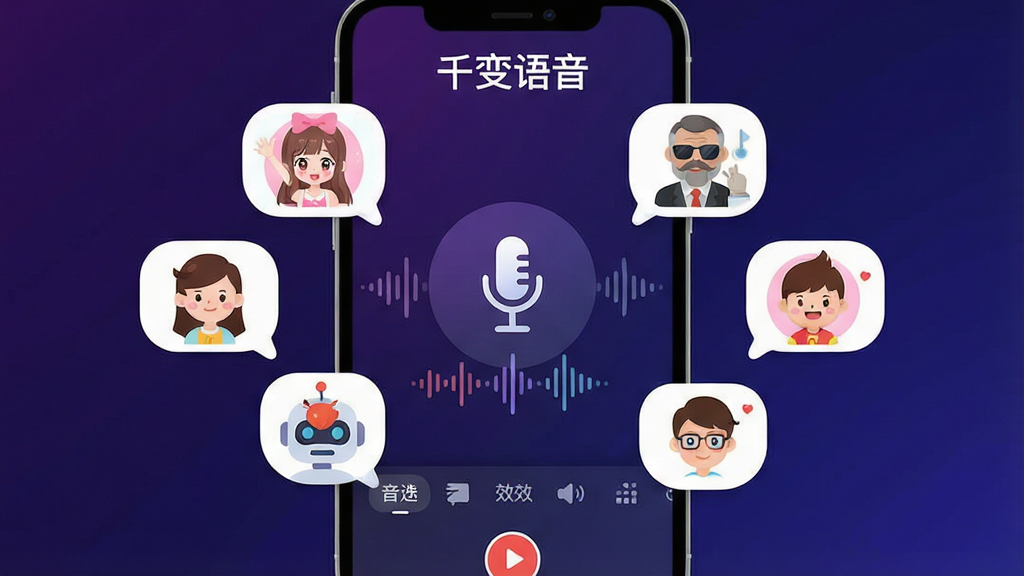 一张手机屏幕展示千变语音App主界面,画面中央是麦克风图标和声波律动效果,周围环绕着多个不同风格的声音头像气泡,包含萌妹子、大叔、机器人、卡通角色等元素,背景为深色渐变紫蓝色调,界面布局清晰,顶部显示“千变语音”文字,底部为音效选择栏和录音按钮,风格现代扁平化,细节圆润,画质干净无多余元素