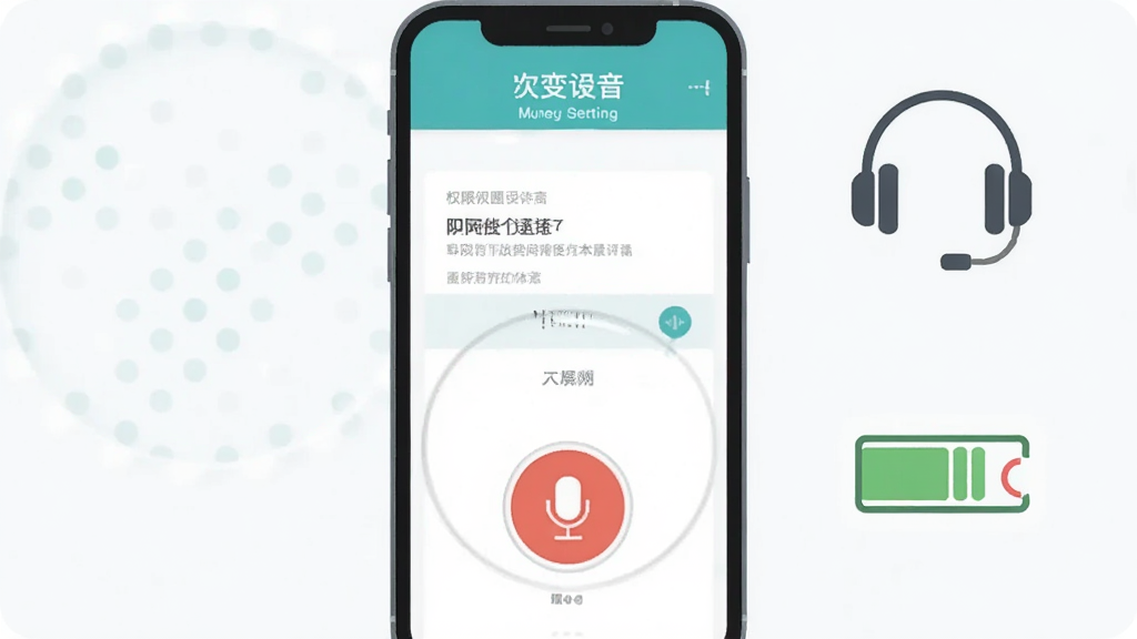 一张千变语音使用场景示意图,画面展示手机屏幕上的权限设置界面和录音按钮特写,旁边有耳机图标和存储空间图标,整体布局为上下结构,风格扁平化说明图,配色清爽,细节简洁,画质干净无多余元素