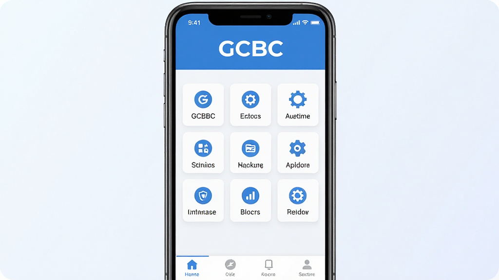 一张展示GCBC软件核心界面的手机样机图,画面中央是手机屏幕,屏幕内显示GCBC应用的主界面,界面布局简洁,顶部有GCBC字样,中部是核心功能图标矩阵,底部是导航栏,整体风格清爽现代,蓝白配色,画质干净清晰,无多余元素,背景为浅色渐变,突出软件全貌