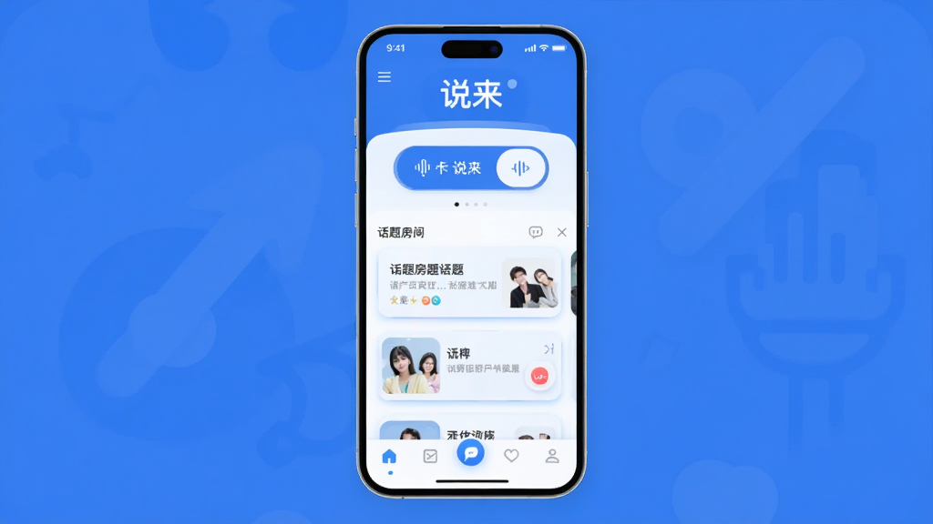 画面中央是一部竖屏手机,手机屏幕内显示“说来”语音社交应用的主界面,顶部是“说来”文字标识,中间是语音匹配按钮和话题房间卡片列表,底部为导航栏,整体布局简洁清晰,风格现代扁平化,蓝白配色为主,细节圆润,画质干净,无多余元素