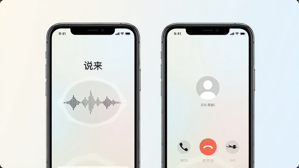 画面中两部手机并排摆放,屏幕内分别显示“说来”的语音匹配等待界面和接通后的通话界面,界面中有声波波纹动画和匿名头像,背景为浅色渐变,布局左右对称,风格清新简约,细节干净,画质清晰,无多余元素
