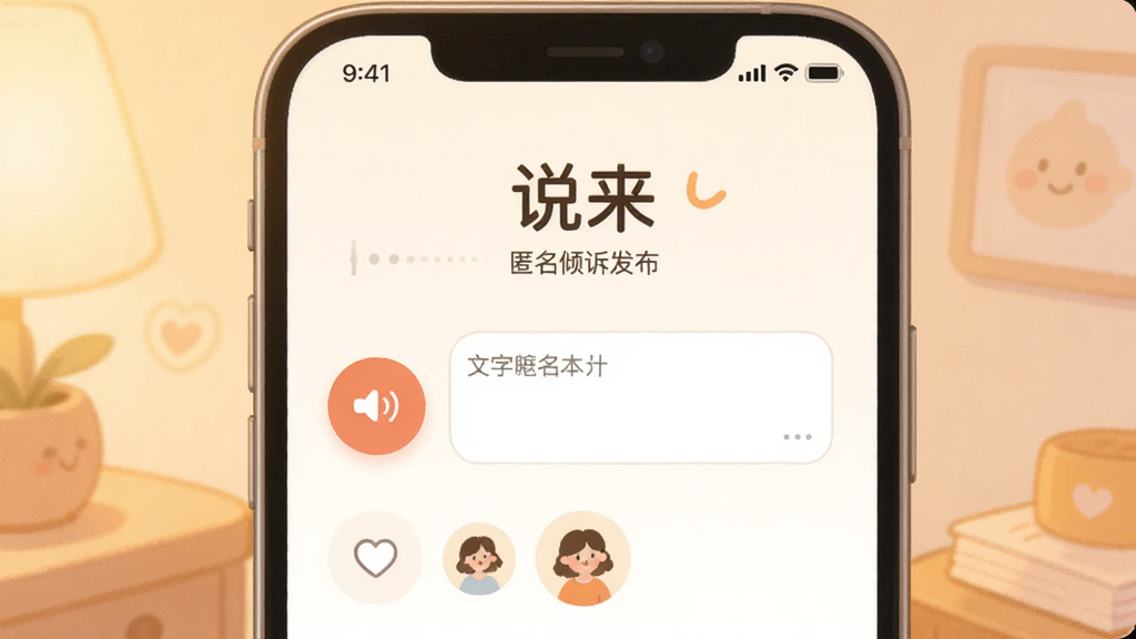 画面主体是一部手机屏幕,显示“说来”的匿名倾诉发布页面,页面中有语音录制按钮、文字输入框和匿名头像选项,背景为柔和的暖色调,布局居中排版,风格温馨治愈,细节圆润,画质干净,无多余元素