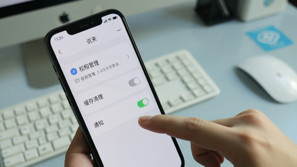 画面是一部手机屏幕显示“说来”的设置页面,页面中有权限管理、缓存清理和通知开关选项,旁边有一只手正在点击屏幕,背景为桌面环境,布局自然,风格写实,细节清晰,画质干净,无多余元素