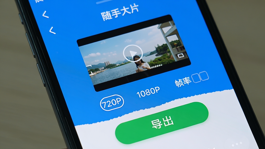 手机屏幕显示“随手大片”导出设置界面,中间是视频预览小窗口,下方有分辨率选项“720P”“1080P”和帧率选项,底部是绿色“导出”按钮,界面简洁,蓝白配色,按钮圆润,画质干净无多余元素