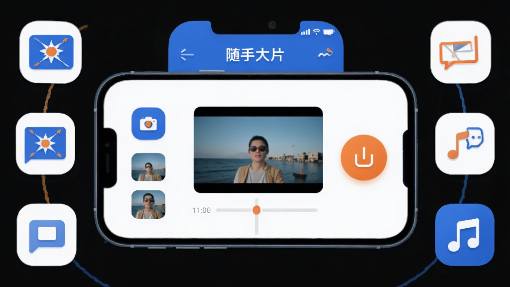 手机屏幕中央展示“随手大片”APP主界面,界面中间是视频时间轴和预览窗口,左侧是素材库图标,右侧是导出按钮,周围环绕着转场特效图标、字幕气泡和音乐符号,整体布局清晰,风格现代扁平化,蓝白配色为主点缀橙色高亮,细节圆润,画质干净无多余元素