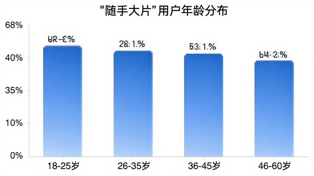 柱状图展示“随手大片”用户年龄分布,横轴为年龄段“18-25岁”“26-35岁”“36-45岁”“46-60岁”,纵轴为用户占比百分比,柱体为蓝色渐变,数据标签清晰,背景白色,图表简洁现代,画质干净无多余元素