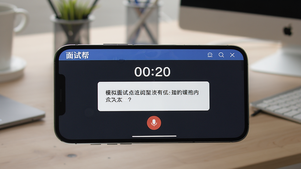 一张展示模拟面试场景的图片,画面中一部手机横屏显示“面试帮”APP的模拟面试界面,屏幕中央有倒计时和问题文本,下方有录音按钮,背景是虚化的办公桌环境,风格写实,光线柔和,画质清晰,突出练习的沉浸感
