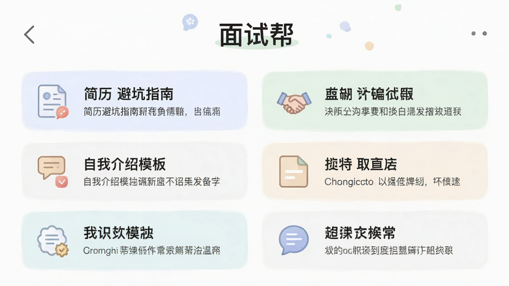 一张信息图风格的图片,展示“面试帮”APP内的求职干货文章列表,标题包括“简历避坑指南”、“自我介绍模板”等,每条内容配有小图标,界面排版疏朗,色彩柔和,风格偏知识付费类应用的精致感,画质干净,无多余元素