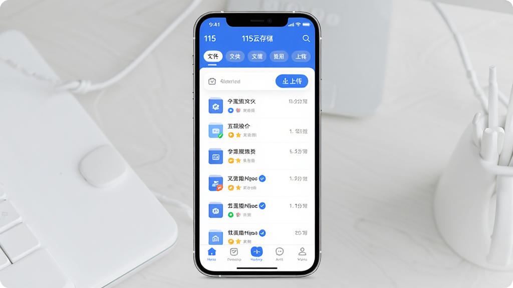 画一张软件全貌展示图,画面中央是手机屏幕,屏幕内显示115云存储APP的主界面,顶部有文件分类标签,中间是文件列表和上传按钮,底部导航栏清晰,整体采用蓝白配色,风格简洁现代,布局规整,细节干净圆润,画质高清,无多余元素