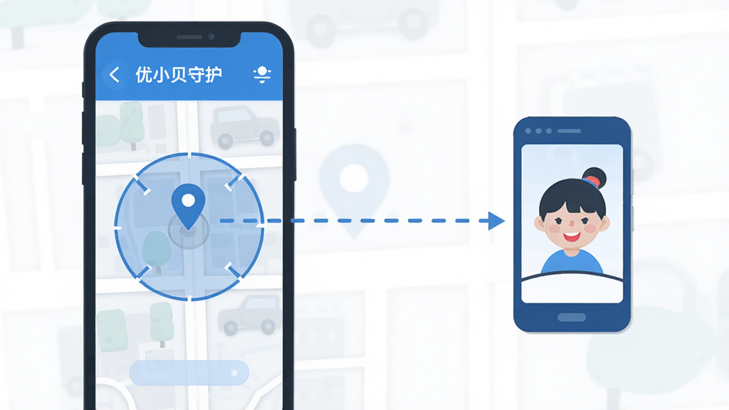 一张展示优小贝守护远程定位功能的示意图,画面中左侧是家长手机显示地图界面,地图上有定位标记和安全区域围栏,右侧是孩子手机图标,两者之间用虚线连接表示远程守护关系,界面风格扁平现代,蓝白色调,布局清晰,文字标签明确,画质干净无多余元素