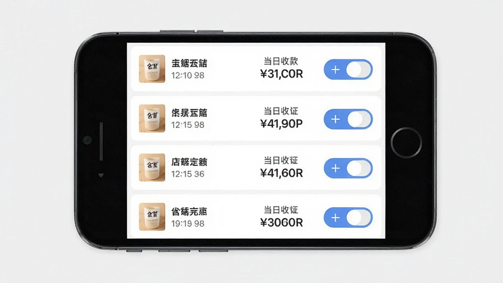 手机屏幕展示多店铺管理列表界面,每行显示店铺名称与当日收款金额,右侧有切换按钮,布局整齐,风格扁平化,画质干净,无多余元素
