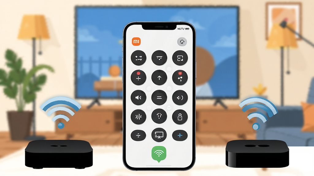 һ��չʾMiTV Control��������ȫò�ĳ���ͼ������������һ�������ֻ���Ļ��ʾң�����������棬�ֻ���Χ������С�׵��ӡ������к�WiFi�ź�ͼ�꣬��������ܰ�Ŀ����������������ֻ����зŴ�ͻ���������ں��黯�����Ϊ�ִ���ƽ���Ƽ��廭��ϸ�ڰ���ң�ذ�����Ͷ��ͼ�ꡢ����״̬��ʶ�����������ɾ����޶���Ԫ��