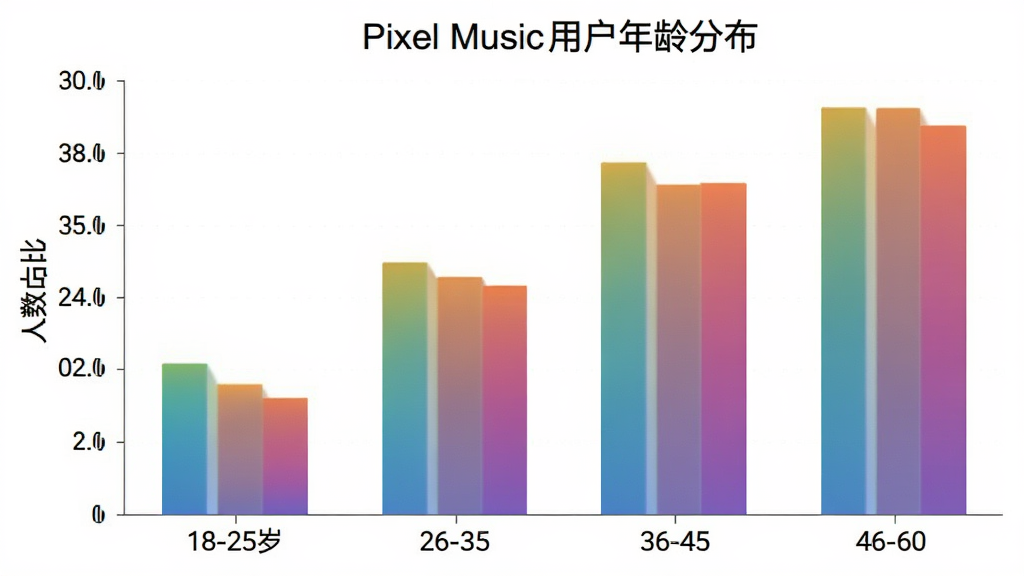һ����״ͼչʾPixel Music�û�����ֲ�������Ϊ18-25�ꡢ26-35�ꡢ36-45�ꡢ46-60���ĸ�����Σ�����Ϊ����ռ�ȣ���״��ɫΪ����ɫϵ��ͼ������ΪPixel Music�û�����ֲ��������ɾ����࣬��������