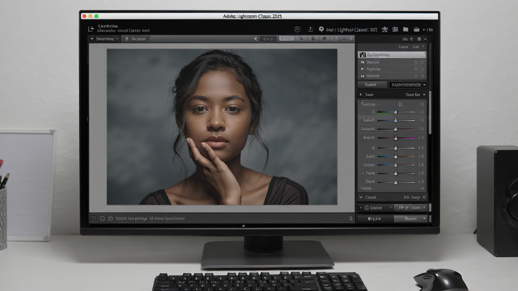 չʾAdobe Lightroom Classic 2025�����ƽ���ڵ��������еĳ���������Ϊ����������д����Ļ����ʾһ������Ф����Ƭ�ı༭״̬���Ҳ������ʾ���ֵ������飬��������������Ϊ���Ĺ���̨�������ͼ��̣������Χרҵ�����ʸ���ɾ����޶���Ԫ�ء�