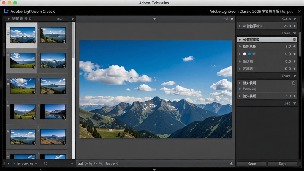 չʾAdobe Lightroom Classic 2025�����ƽ��Ĳ��������ͼ���������Ϊ�������Ƭ����ͼ�б����м�Ϊһ�ŷ����Ƭ�ı༭Ԥ������Ƭ�г������������ɽ�����Ҳ�Ϊ�޸���壬����и�����ʾ��AI�����ɰ桱�롰��ͷģ������������ѡ�����������������ɫ�������ǳ��Ϊ�����Ű����룬���������ɾ����޶���Ԫ�ء�