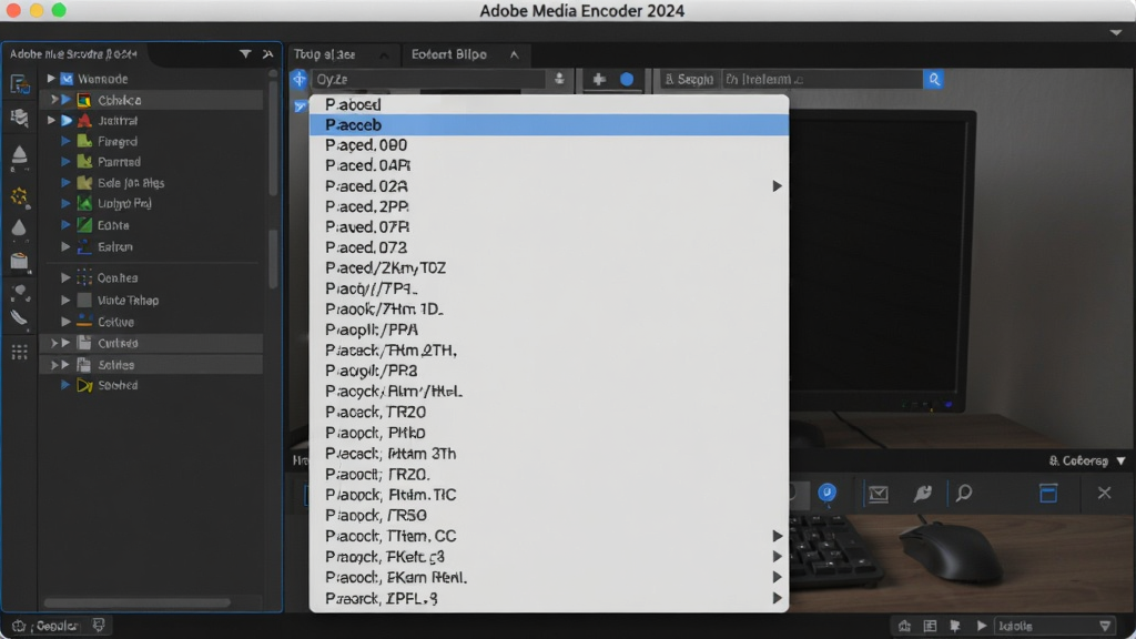 Adobe Media Encoder 2024导出格式选择界面,下拉菜单展开显示各种格式列表,背景为软件主窗口,截图风格清晰,细节丰富,画质干净,无多余元素
