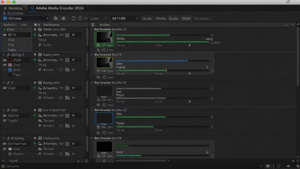 Adobe Media Encoder 2024队列管理界面,多个渲染任务排列,进度条显示,背景暗色,截图清晰,画质干净,无多余元素