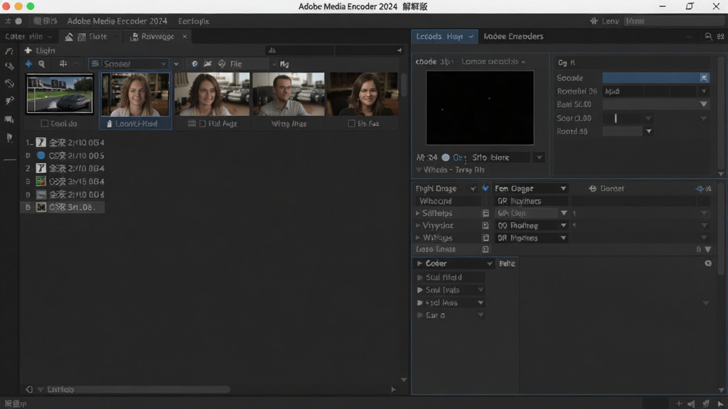Adobe Media Encoder 2024中文破解版主界面,左侧素材列表,右侧编码设置面板,整体风格深灰色专业软件界面,布局清晰,细节丰富,画质干净,无多余元素