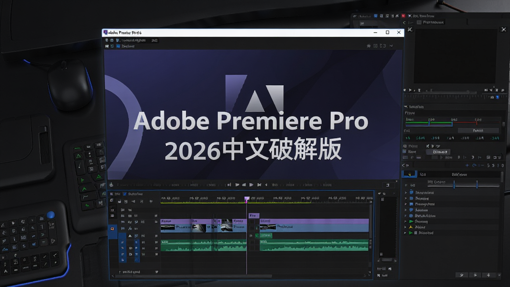 һ���������ȵ�������������������Adobe Premiere Pro2026�����ƽ���������������棬����Ϊ��ɫ�Ƽ��й���̨����Ļ������ʾ��Adobe Premiere Pro2026�����ƽ�桱��������Χ������ʱ���ߡ������������Ч�ؼ���UIԪ�أ����ֱ������Ű���������дʵ�Ҿ����ִ��Ƽ��У�ϸ�ڴ��й�Ӱ���䣬����ϸ��ɾ����޶���Ԫ�ء�