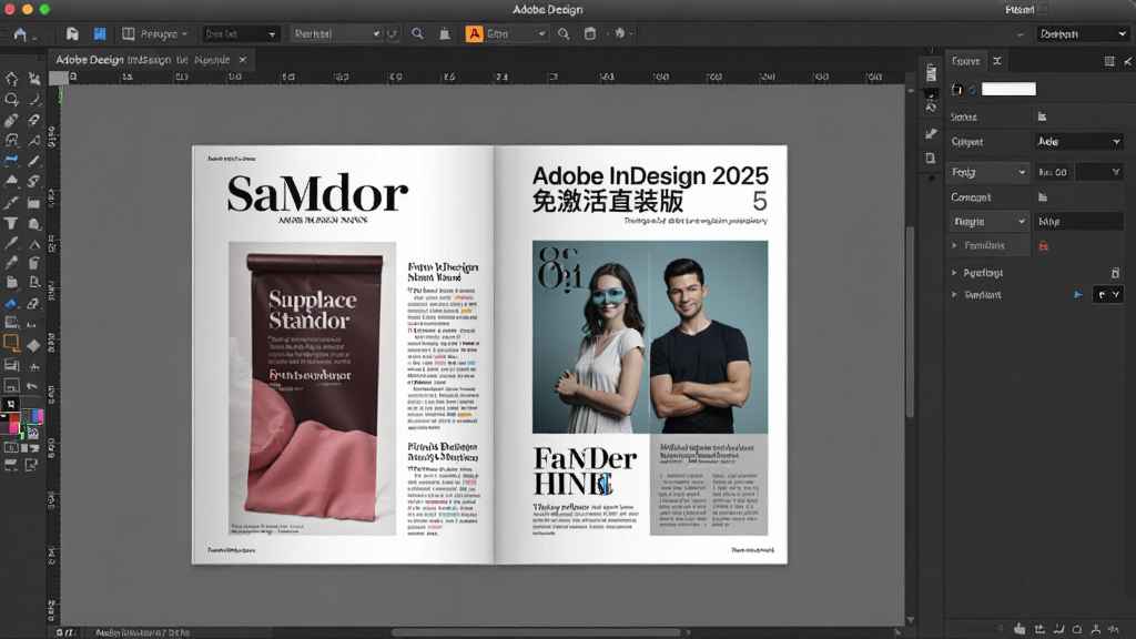 Adobe InDesign 2025免激活直装版软件主界面,显示多页面排版工作区,左侧工具栏,右侧属性面板,中间是精美的杂志内页设计稿,整体界面清晰明亮,体现专业排版软件的强大功能,画质干净,无多余元素。