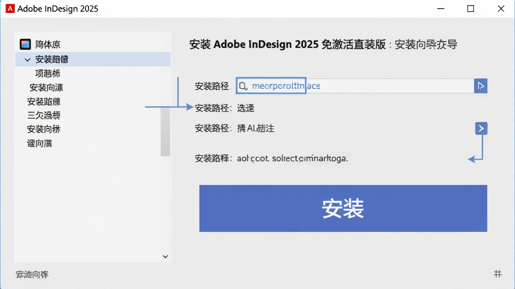 Adobe InDesign 2025免激活直装版的安装向导界面,显示简体中文语言选择,安装路径选择,以及醒目的“安装”按钮,画面清晰,指引明确,风格简洁专业。