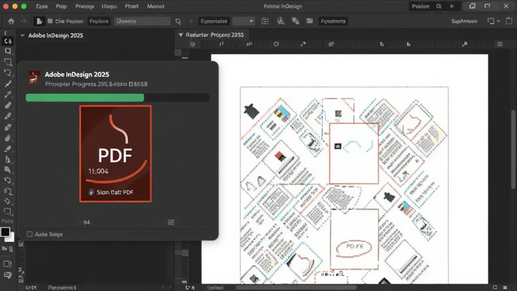 Adobe InDesign 2025免激活直装版正在导出PDF文档,界面上显示导出进度条,背景是清晰的排版页面,风格写实,突出软件稳定高效的特点。