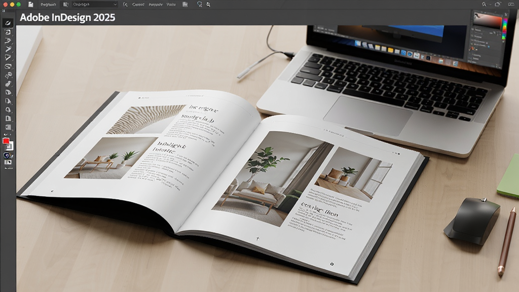 用户使用Adobe InDesign 2025免激活直装版制作的精美画册效果图,摊开的画册页面显示优雅的排版和图片,旁边放着笔记本电脑,整体氛围专业而温馨,风格写实,画面干净。