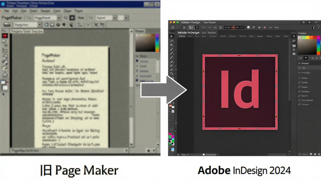 一张对比图,左边是旧版PageMaker的界面截图(模糊、老旧),右边是Adobe InDesign 2024全新界面(清晰、现代),中间用箭头指向InDesign,突出其优势,图片风格为扁平化对比图,画质干净,无多余元素。